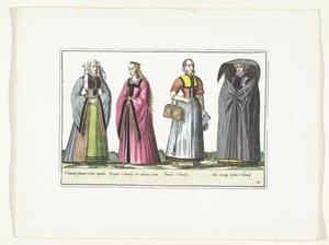 ドイツのファッションに合わせて着飾った 4 人の女性、1580 年頃 コスチューム アルマン (オブジェクトのタイトル)