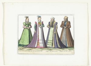 1580 年頃、アウグスブルクでドイツのファッションに合わせて服を着た 4 人の女性 コスチューム アルマン (オブジェクトのタイトル) 作： Anonymous