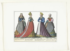 1580 年頃、ニュルンベルクでドイツのファッションに合わせて服を着た 4 人の女性 コスチューム アルマン (オブジェクトのタイトル)