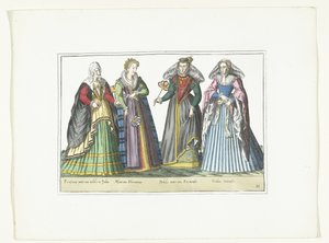 イタリアのファッションに合わせて着飾った 4 人の女性、1580 年頃 コスチューム イタリア人 (オブジェクトのタイトル)