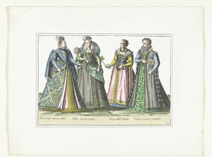 イタリアのファッションに合わせて着飾った 4 人の女性、1580 年頃 コスチューム イタリア人 (オブジェクトのタイトル) 作： Anonymous