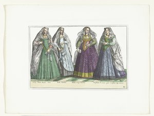 ローマのファッションに合わせて着飾った 4 人の女性、1580 年頃 コスチューム イタリア人 (オブジェクトのタイトル) 作： Anonymous