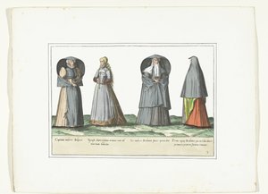 アントワープ、ブラバント、スヘルトーヘンボスでファッションに合わせて着飾った 4 人の女性、1580 年頃 Costumes Civils des Pays-Bas (オブジェクトのタイトル) 作： Anonymous