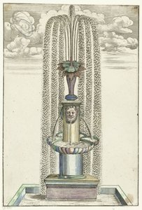 四角い台座に柱のある四角い水盤 Architectura Curiosa Nova (シリーズタイトル) 作： Anonymous