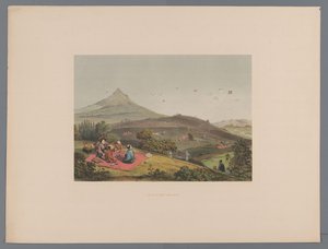 日本の丘陵地での凧揚げ Lutte de cerf-flounces (オブジェクトのタイトル) 日本の記念品 自然の風景 avec texte par le comte de Lijnden (シリーズ タイトル) 作： Anonymous