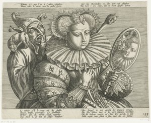 鏡と道化師を持つ女性：貴重な硬いラフの漫画、1600年頃 作： Anonymous