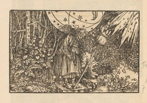 森と空の金庫室で糸巻きを持つ女性 作： Anonymous