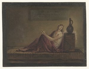 独房でベッドに座っている女性 作： Anonymous