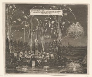 1667 年 7 月 8 日、プライセンブルク近郊の花火 Churfürstl: Sachsisches gehaltenes und an gezentes Fewer werck zu nachts beij the fortress Pleissenburg、1667 年 7 月 8 日 (オブジェクトのタイトル) 作： Anonymous