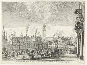 Vuurwerk; incht van Ferdinand te Gent、1635 年 (no. 41) 立ち上がれ、空に燃える炎を眺めるフェルナンディの愛が燃え上がる ヒッポドロームと塔の夜の火事の写真 作： Anonymous