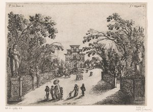 公園を歩く人々、背景にカントリーハウス 作： Anonymous