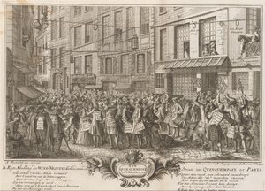 Rue Quinquempoix での風取引、1720 年 Quinquempoix から Parys までの海峡で開催された風の交渉のストレート イメージ (オブジェクトのタイトル) The Great Table of Folly (シリーズタイトル) 作： Anonymous