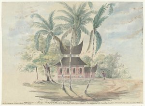 ラジャ・バティポの家は取り壊され、1841 年にパダンシェの高地で反乱の頭と指導者として罰と懲罰を受けるために焼かれました (オブジェクトのタイトル) 作： Anonymous