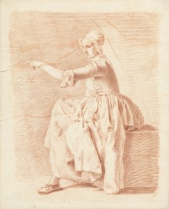 左を指して棺に座っている女性 作： Anonymous