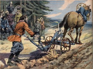 ロシアの農民が畑を耕している様子。その上にはろうそくが置かれています。Conte de Easter 1908年4月19日の新聞 "Le Petro Parisien "に掲載された挿絵。個人蔵。 作： Anonymous Anonymous