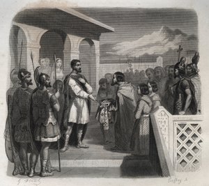 クレルモン市の代表団が聖シドヌ・アポリナール（Caius Sollius Apollinaris Sidonius）政治家、前夜祭、ガロ・ロマン作家（430-486年）に司教職を与える。1846年の「Lives of the saints」に掲載されているエングレーヴィング。個人蔵。 作： Anonymous Anonymous