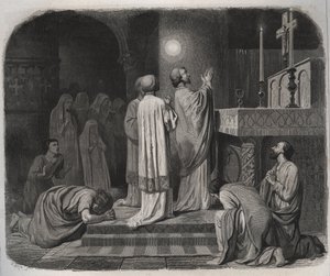 作業中のサン・マルタン・エヴェク・ド・トゥール（316-397）の上に火球が見える。1846年の「Lives of the saints」に掲載されたエングレーヴィング。個人蔵。 作： Anonymous Anonymous