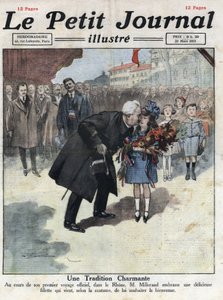 ローヌ地方での移動中に、共和国大統領アレクサンドル・ミラーンドに三色旗の花束を捧げる少女。イラストは1921年3月27日の「Le petit journal」からの引用。プライベートコレクション 作： Anonymous Anonymous