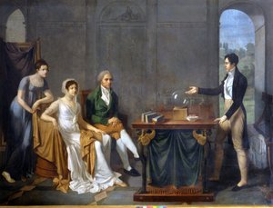 メルジ・デリル家の前で科学実験をする科学者（おそらくアレッサンドロ（アレクサンドル）・ボルタ）。匿名の絵画。. 作： Anonymous Anonymous