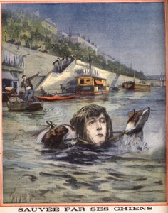 セーヌ川に落ちた女性が犬に助けられるパリの風景。1910年8月14日の "Le petit parisien "に掲載されたエングレーヴィング。個人蔵。 作： Anonymous Anonymous