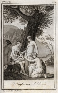 アドニスの誕生。チャールズ・アルベール・ドゥムスティエ（1760-1801）の『Lettres a Emilie sur la mythologie』に掲載された1819年のエングレーヴィング。個人蔵。 作： Anonymous Anonymous