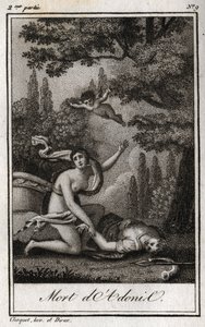 アドニスの死。Charles Albert Demoustier (1760-1801)の「Lettres a Emilie sur la mythologie」に掲載された1819年の版画。個人蔵。