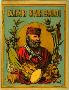 イタリアの愛国者の肖像が描かれた「Elixir Garibaldi」の広告 作： Anonymous Anonymous