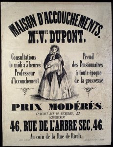 1850年、パリの出産施設（マタニティ）の広告。Madame Dupont, low prices at 46 rue de l