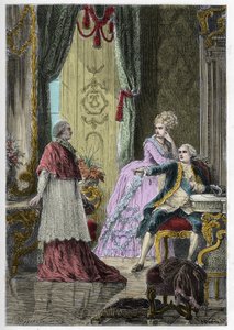 王妃の首飾り事件（1785-1786年）。ルイ16世（1754-1793）と王妃マリー・アントワネット（1755-1793）の前で、ルイ・ルネ・エドゥアール・ド・ロアン枢機卿（1734-1803）が