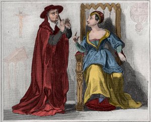 アグネス・ソレル（1422-1450）（ボーテ・シュル・マルヌの婦人）（ボーテ・シュル・マルヌ）と枢機卿。1859年のEngraving in "Le Monde.M. E. de Lostalot-Bachoue (Lostalot Bachoue)による「最も遠い時代から現代までの全ての民族の歴史」. . 作： Anonymous Anonymous