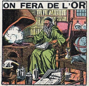 金を作ろうとする中世の錬金術師の研究室での様子。1925年の匿名のイラスト。個人蔵。