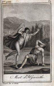 アポロとヒヤシンス（ヒヤシンスの死） シャルル・アルベール・ドゥムスティエ（1760-1801）の「Lettres a Emilie sur la mythologie」に掲載された1819年のエングレーヴィング。個人蔵。 作： Anonymous Anonymous