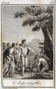 パルナッソス山のアポロとパイソンの蛇。チャールズ・アルベール・ドゥムスティエ（1760-1801）の「Lettres a Emilie sur la mythologie」（1819年）に掲載された版画。個人蔵。 作： Anonymous Anonymous