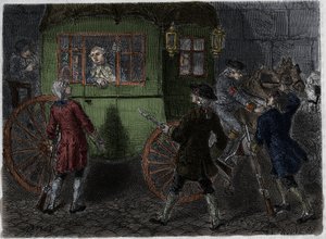 1791年6月21日、ヴァレンヌで逮捕されたルイ16世（1754-1793）と逃亡する家族。1866年のアドルフ・ティエール著「フランス革命史」に掲載された版画。.