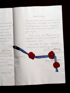 1815年のフランスと連合国との間の条約の第12条。リシュリュー公爵アルマン・エマニュエル・ドゥ・ヴィニュロット・デュ・プレシ（1766-1822）が署名した第二次パリ条約：オーストリア、イギリス、プロイセン、ロシアの協力を予見した条約。 作： Anonymous Anonymous
