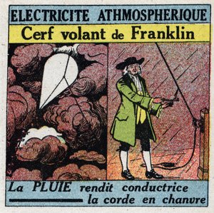 大気中の電気石。1752年夏、ベンジャミン・フランクリン（1706-1790）のフライング・ディア（空飛ぶ鹿）。1925年の匿名のイラスト。個人蔵。