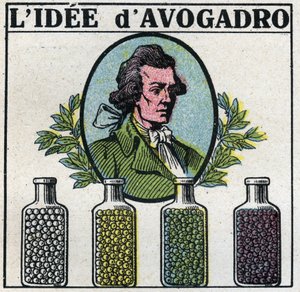 Atoms:アメデオ・アボガドロ（1776-1856）のイデー。1925年の匿名のイラスト。個人蔵。