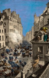 1830年、サン・アントワンヌ通りのバリケードでの戦い、エングレーヴィング、個人蔵 作： Anonymous Anonymous