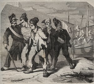 19世紀のベル＝イル＝アン＝メール（海に浮かぶ美しい島）。ピエール・ザッコーネ（1817-1895）の「Histoire des bagnes depuis leur création à nos jours」（1877年）に掲載されている版画（コロニア・ペナーレ-流刑植民地）。