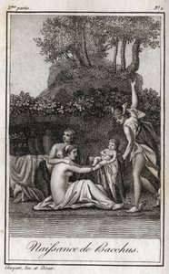 ジュピターとセメレの息子、バッカスの誕生。シャルル・アルベール・ドゥムスティエ（1760-1801）の「Lettres a Emilie sur la mythologie」（1819年）に掲載された版画。個人蔵。