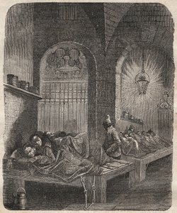 夜のブレストのバーゲン。ピエール・ザッコーネ（1817-1895）の『Histoire des bagnes depuis leur création à nos jours』（1877年）に掲載されている版画（Colonia Penale - Penal colony）。プライベートコレクション 作： Anonymous Anonymous