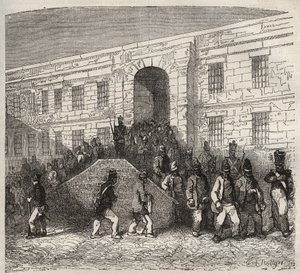 19世紀のブレストのバッグン。ピエール・ザッコーネ（1817-1895）の「Histoire des bagnes depuis leur création à nos jours」（1877年）に掲載された版画（Colonia Penale - Penal colony）。個人蔵。