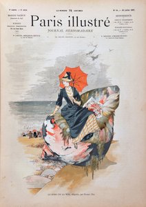 Habert Dysによるアレゴリー「By the sea」。浜辺の砂の上で、巨大な貝殻に座って傘をさしたエレガントな女性がポーズをとっています。1887年の「Paris-Illustrous journal weekly」に掲載されたエングレーヴィング。