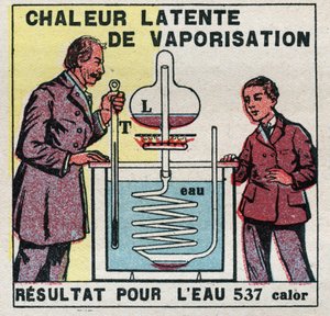 熱量測定：Marcellin Berthelot（1827-1907）の熱量計で測定された気化潜熱のこと。1925年の匿名のイラスト。個人蔵。