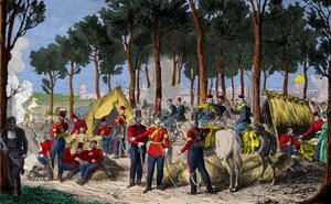 1815年7月、ナポレオン1世の敗北後、パリのシャンゼリゼ通りで行われたロシア軍とイギリス軍のキャンプ、エングレーヴィング、プライベート・コレクション 作： Anonymous Anonymous