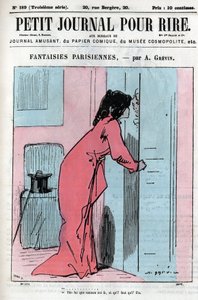 パリのカップルを描いた漫画。恋人のいる女性がメイドに、他の男性との約束を送り返してほしいと頼みます。"ママが来たから行かなきゃって言ってよ。""Petity Journal pour Rire "のエングレーヴィング 作： Anonymous Anonymous