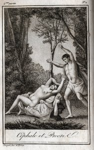 セファレとプロクリス（Cephalus）のカップルの恋人同士。Charles Albert Demoustier (1760-1801)の「Lettres a Emilie sur la mythologie」の1819年のエングレーヴィング。個人蔵。 作： Anonymous Anonymous
