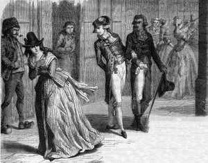 1793年、パレ・ロワイヤルのアーケードの下で、刃物職人バダンと一緒にいるシャルロット・コルデー - アルフォンス・ド・ラマルティーヌ（1790-1869）の「ジロンダンの歴史」に掲載されたエングレーヴィング 1865-1866 - 個人蔵
