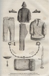 19世紀、ロシュフォールのバッグンに到着した隊員が受け取った衣類とアイロン（1840年、バッグンの猫、クレマンスの原画より）。ピエール・ザッコーネ（18歳）の「Histoire des bagnes depuis leur création à nos jours」（1877年）に掲載された版画。 作： Anonymous Anonymous