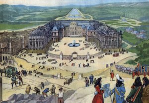 1678年、ジュール・アルドゥアン・マンサールの計画に基づいて行われたヴェルサイユ城の建設（手前はルイ14世 作： Anonymous Anonymous